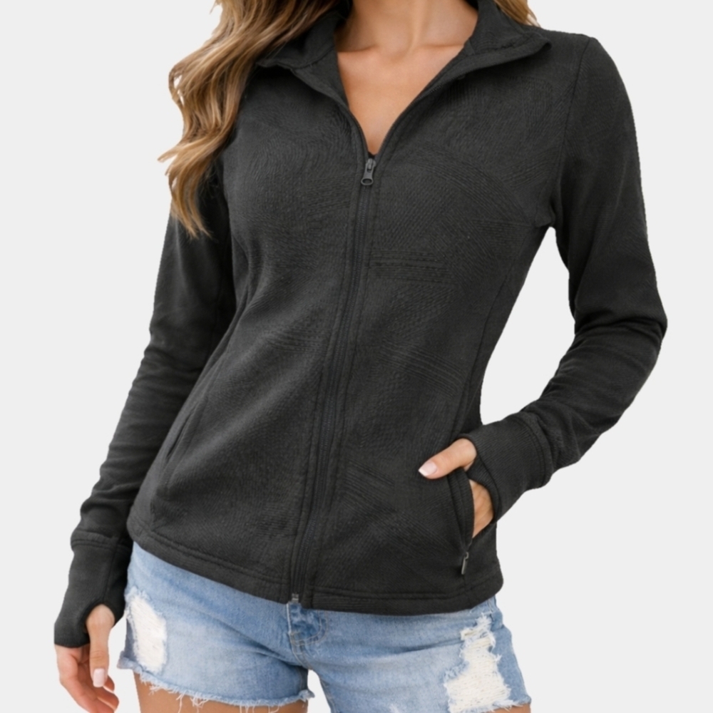 Mondetta Jacquard Black Collared Long Sleeve Zippered Sweatshirt Size M